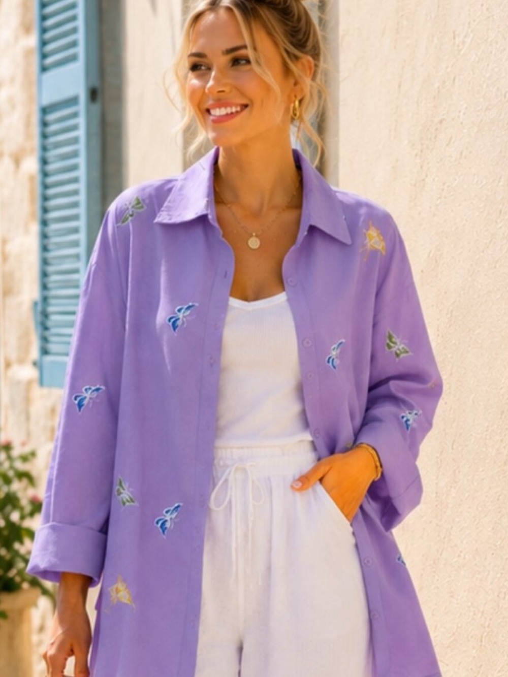 Whimsical Blue Linen Blend Button Up Blouse with Embroidered Butterfly Accents M
